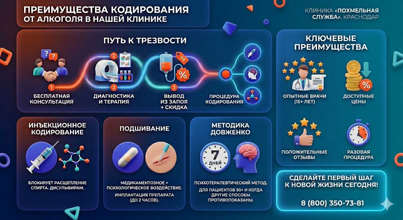 Инфографика о методах кодирования от алкоголя в Дмитрове: инъекции, подшивание, метод Довженко. Преимущества клиники и этапы лечения.