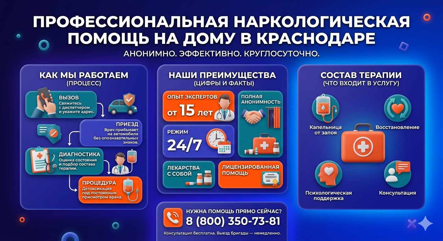 Инфографика о принципах лечения алкоголизма на дому в Дмитрове: этапы вызова нарколога, преимущества анонимной детоксикации и состав медицинской помощи.